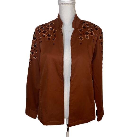 Bob Mackie Wearable Art Jacket Embellished Gems Full Zip, Brown, Size Medium - Picture 4 of 9